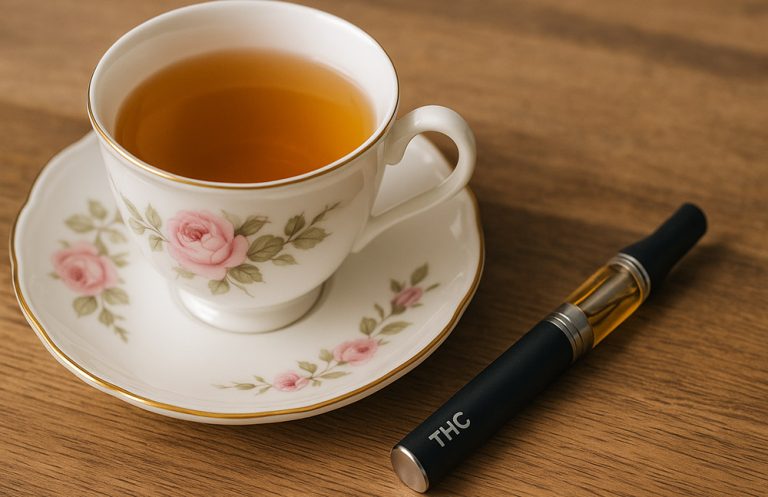 Tea and THC vapes pen on table