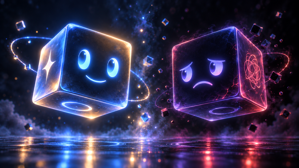 AI Optimist and Doomer Cubes in Neon Space